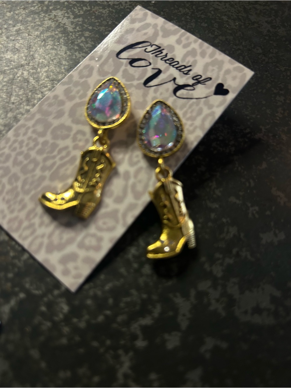 Gold Cowboy Boot Drop Earrings with Iridescent Stone